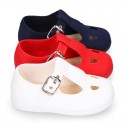 PERFORATED design cotton canvas little Kids T-Strap shoes.