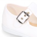 PERFORATED design cotton canvas little Kids T-Strap shoes.