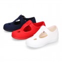 PERFORATED design cotton canvas little Kids T-Strap shoes.