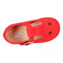 PERFORATED design cotton canvas little Kids T-Strap shoes.