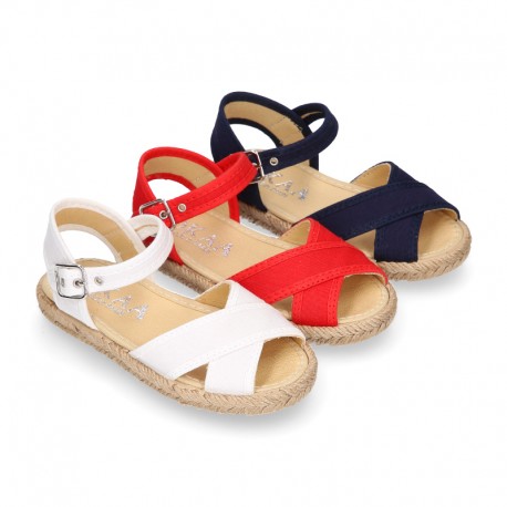 Crossed straps design cotton canvas little espadrille shoes SANDAL style.