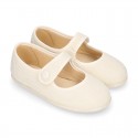 Classic colors LINEN Stylized little Girl Mary Jane shoes with hook and loop strap closure and button.