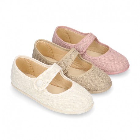 Classic colors LINEN Stylized little Girl Mary Jane shoes with hook and loop strap closure and button.