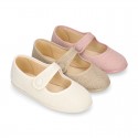 Classic colors LINEN Stylized little Girl Mary Jane shoes with hook and loop strap closure and button.