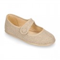 Classic colors LINEN Stylized little Girl Mary Jane shoes with hook and loop strap closure and button.