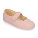 Classic colors LINEN Stylized little Girl Mary Jane shoes with hook and loop strap closure and button.