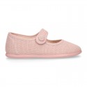 Classic colors LINEN Stylized little Girl Mary Jane shoes with hook and loop strap closure and button.