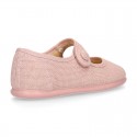 Classic colors LINEN Stylized little Girl Mary Jane shoes with hook and loop strap closure and button.