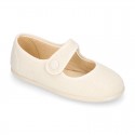 Classic colors LINEN Stylized little Girl Mary Jane shoes with hook and loop strap closure and button.