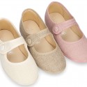 Classic colors LINEN Stylized little Girl Mary Jane shoes with hook and loop strap closure and button.