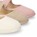 Classic colors LINEN Stylized little Girl Mary Jane shoes with hook and loop strap closure and button.