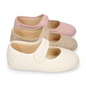 Classic colors LINEN Stylized little Girl Mary Jane shoes with hook and loop strap closure and button.