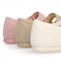 Classic colors LINEN Stylized little Girl Mary Jane shoes with hook and loop strap closure and button.