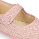 Classic colors LINEN Stylized little Girl Mary Jane shoes with hook and loop strap closure and button.