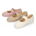 Classic colors LINEN Stylized little Girl Mary Jane shoes with hook and loop strap closure and button.