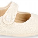 Classic colors LINEN Stylized little Girl Mary Jane shoes with hook and loop strap closure and button.