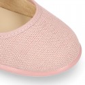 Classic colors LINEN Stylized little Girl Mary Jane shoes with hook and loop strap closure and button.