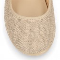 Classic colors LINEN Stylized little Girl Mary Jane shoes with hook and loop strap closure and button.