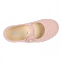 Classic colors LINEN Stylized little Girl Mary Jane shoes with hook and loop strap closure and button.