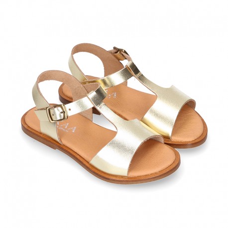 METAL Nappa Leather T-Strap girl sandal shoes.