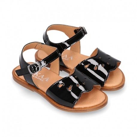 Black Patent Leather Girl Sandal shoes with PERFORATED design.