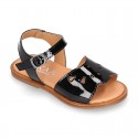 Black Patent Leather Girl Sandal shoes with PERFORATED design.