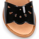 Black Patent Leather Girl Sandal shoes with PERFORATED design.