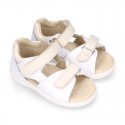 Washable leather Kids sandal shoes with DOUBLE hook and loop strap closure.