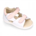 Washable leather Kids sandal shoes with DOUBLE hook and loop strap closure.