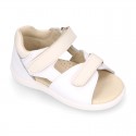 Washable leather Kids sandal shoes with DOUBLE hook and loop strap closure.