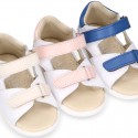 Washable leather Kids sandal shoes with DOUBLE hook and loop strap closure.