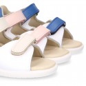 Washable leather Kids sandal shoes with DOUBLE hook and loop strap closure.