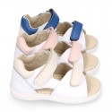 Washable leather Kids sandal shoes with DOUBLE hook and loop strap closure.