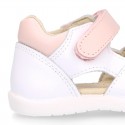 Washable leather Kids sandal shoes with DOUBLE hook and loop strap closure.