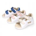 Washable leather Kids sandal shoes with DOUBLE hook and loop strap closure.