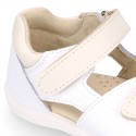 Washable leather Kids sandal shoes with DOUBLE hook and loop strap closure.