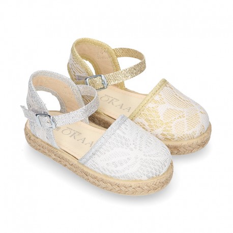 Little Girl Metal Canvas espadrille shoes with LACES design.