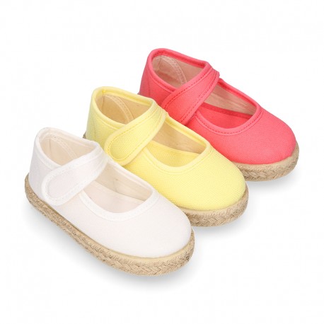 Girl Cotton canvas Mary Jane shoes Espadrille style with hook and loop strap closure.