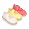 Girl Cotton canvas Mary Jane shoes Espadrille style with hook and loop strap closure.