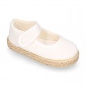 Girl Cotton canvas Mary Jane shoes Espadrille style with hook and loop strap closure.