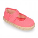 Girl Cotton canvas Mary Jane shoes Espadrille style with hook and loop strap closure.