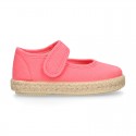 Girl Cotton canvas Mary Jane shoes Espadrille style with hook and loop strap closure.