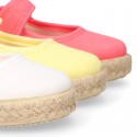 Girl Cotton canvas Mary Jane shoes Espadrille style with hook and loop strap closure.