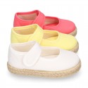 Girl Cotton canvas Mary Jane shoes Espadrille style with hook and loop strap closure.