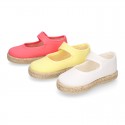 Girl Cotton canvas Mary Jane shoes Espadrille style with hook and loop strap closure.