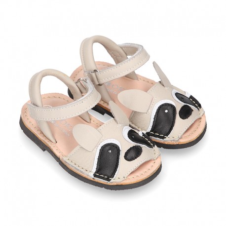 Little RACOON design soft leather Menorquina sandals with hook and loop strap.