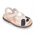 Little RACOON design soft leather Menorquina sandals with hook and loop strap.