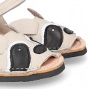 Little RACOON design soft leather Menorquina sandals with hook and loop strap.