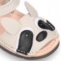 Little RACOON design soft leather Menorquina sandals with hook and loop strap.