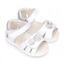 FLOWER design Washable leather Girls Sandal shoes with double hook and loop closure.